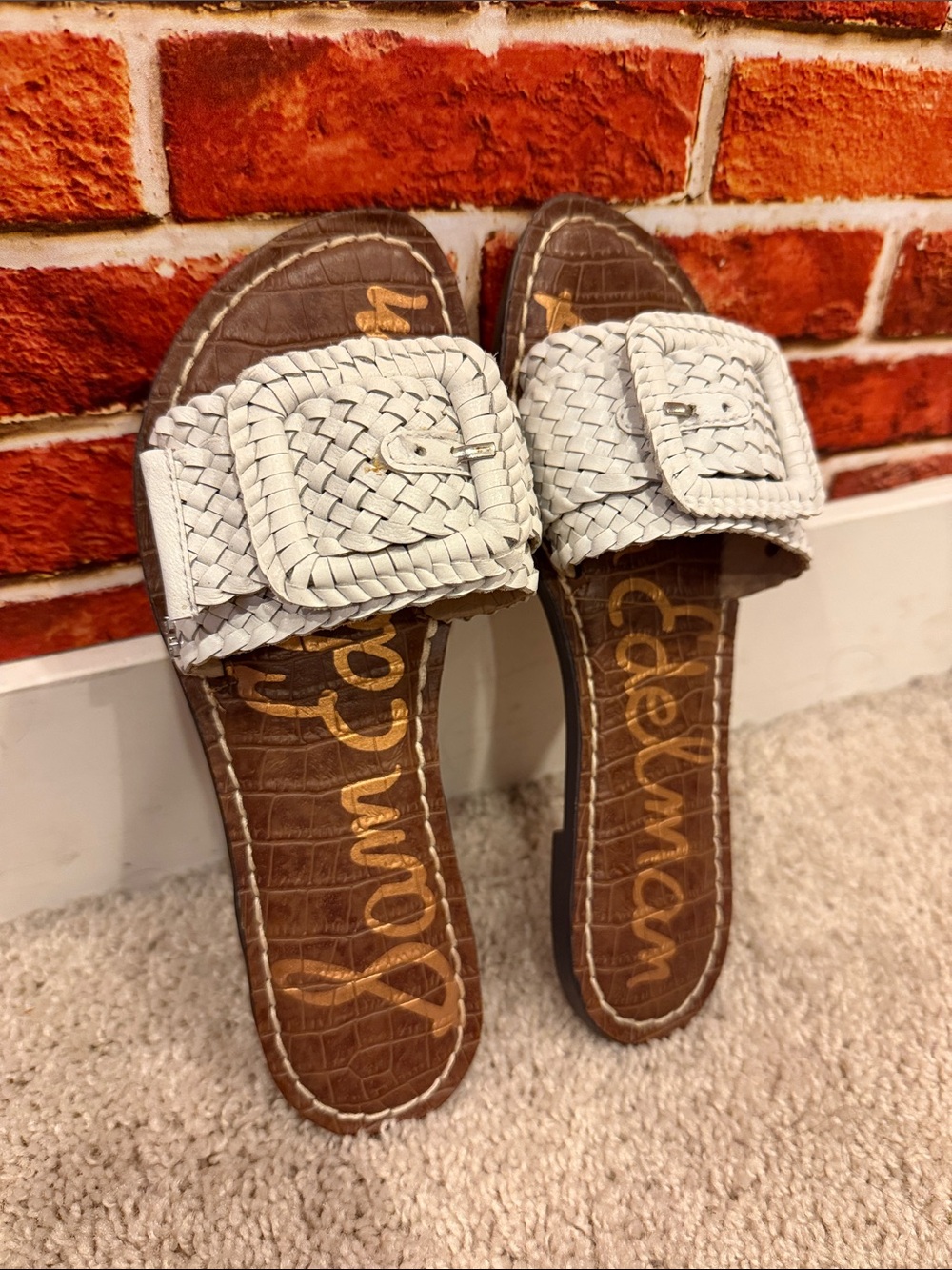 Sam Edelman White Woven Buckle Slide Sandals with Brown Footbed size 36 - Picture 2 of 12